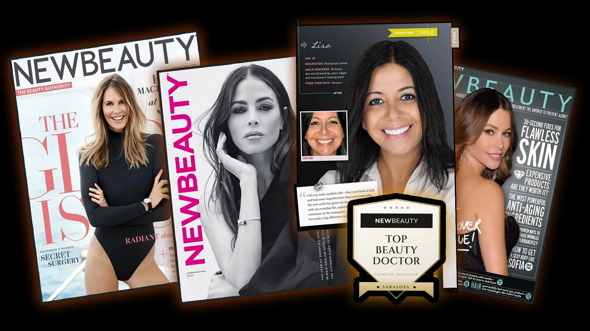 NewBeauty magazine covers and the Top Beauty Doctor award featuring Dr. Jenifer Back of Sarasota Smile Design