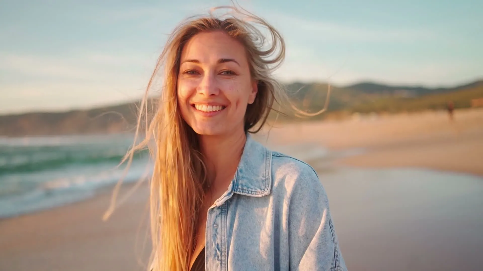 A woman smiling on the beach at golden hour